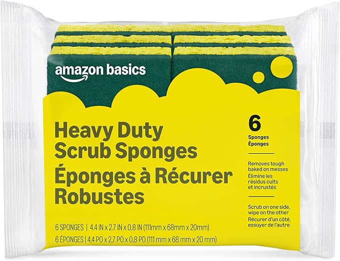 Amazon Basics Heavy DutyDual-Sided Scrub Sponges,Reusable, 4.4 x 2.7 x 0.8 in,Yellow/Green, 6-Pack